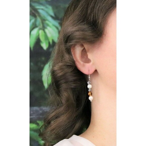 Sterling Silver White and Yellow Pearl and Flower Earrings Dangle Drop Earrings - Picture 3 of 6